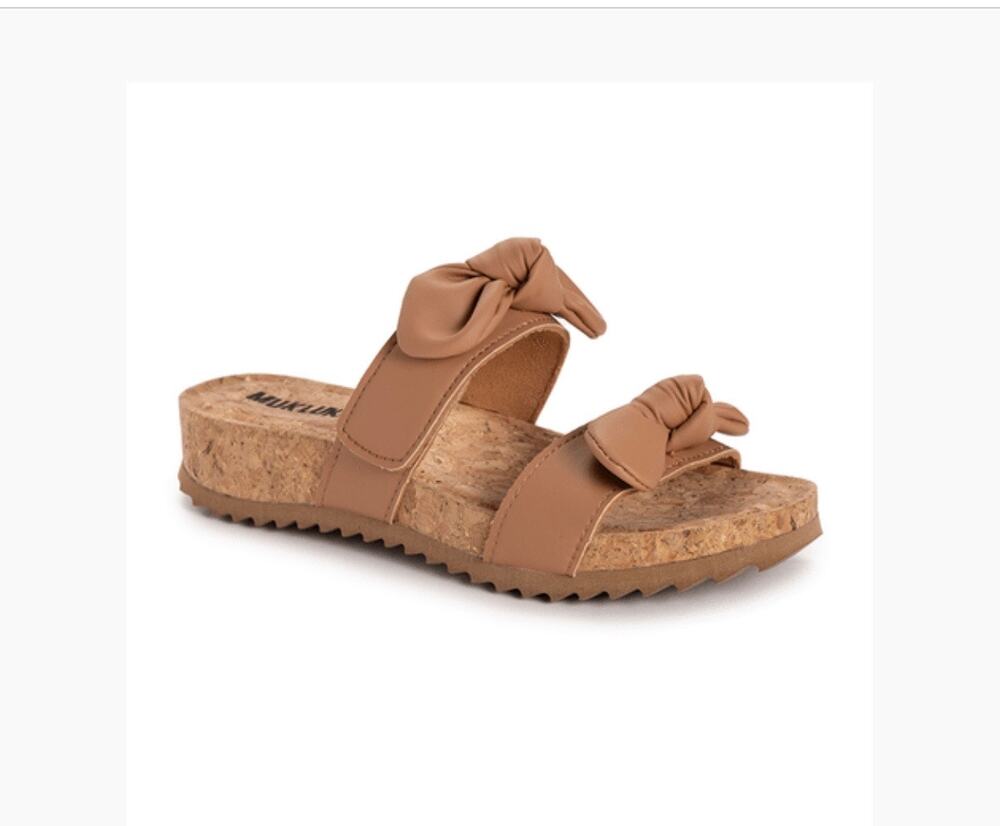 NIB Muk Luks Tan Bow Slide Sandals Size 9 Cork Footbed Platform Slides